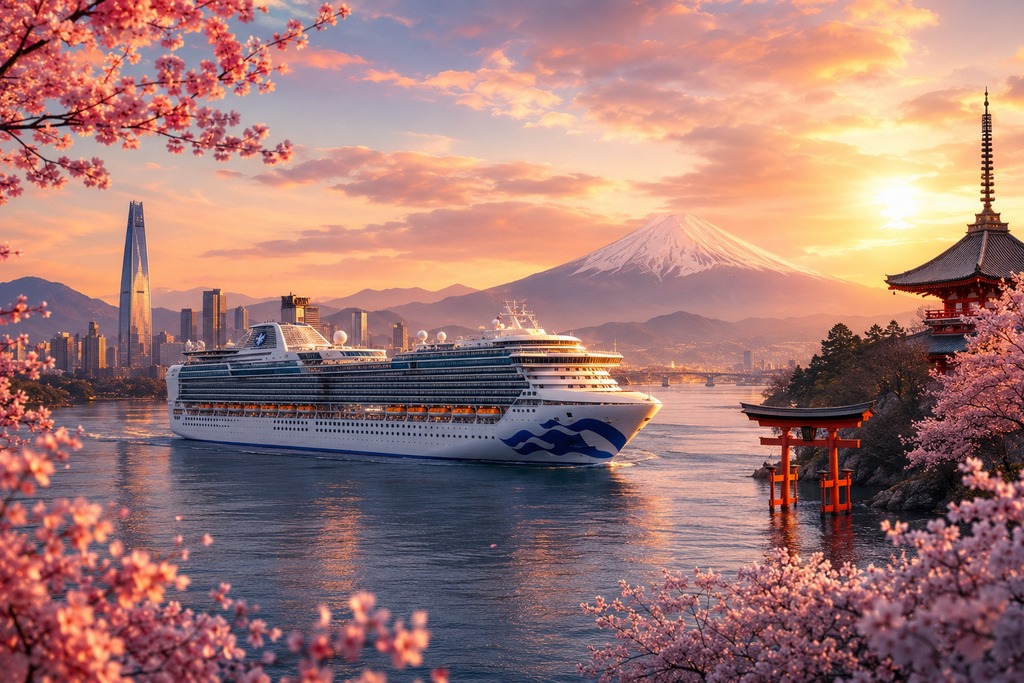 Круизният кораб Diamond Princess в японско-корейско крайбрежие с храмове, сакура, вулканични планини и футуристична градска панорама