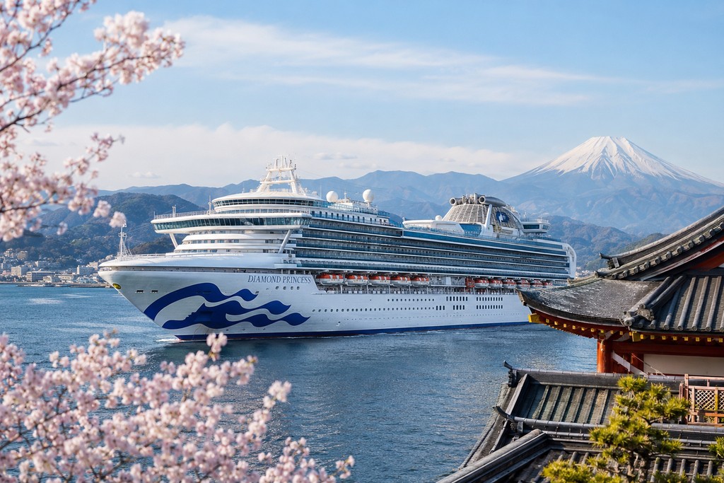 Круизният кораб Diamond Princess в японска атмосфера със сакура, традиционна архитектура и планински фон