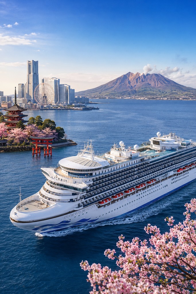 Круизният кораб Diamond Princess в японско и корейско крайбрежие с храм, вулкан и модерни сгради