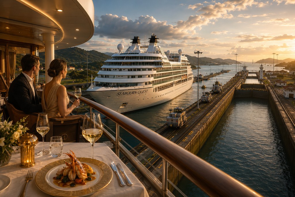 Seabourn Quest в Панамския канал с луксозна атмосфера и изискана вечеря на борда