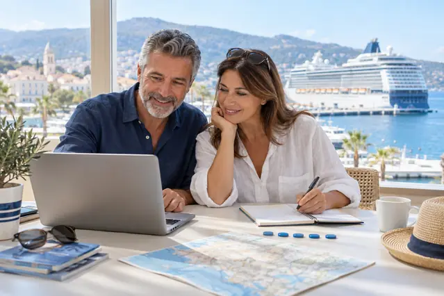 Семейство планира круиз и проверява своите Reward Points в inCruises